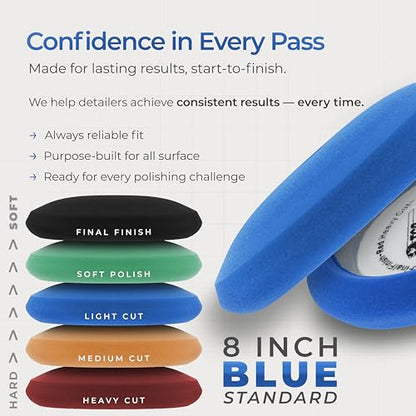 TCP Global 8" Blue Foam Buffing Pad Light Cut Polish Hook and Loop Backing - Buffing Pad for Automotive, Marine, Truck, RV & Compound Cutting - color: Blue