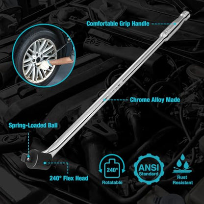 DURATECH 1/2" Drive 24-Inch Heavy Duty Breaker Bar with 240° Flex Head | Spring-loaded Detent Ball, Premium Chrome Alloy Made, Ideal for Industrial, Construction, and Mechanic Tasks - color: Silver, size: 24 in