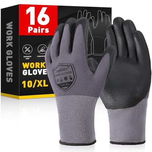FURWEY Safety Work Gloves-16/32Pairs, Micro Foam Nitrile Coated Glove,Seamless Knit Nylon Gloves for Men Women（S-XL - color: Black Gray-16pairs, size: X-Large