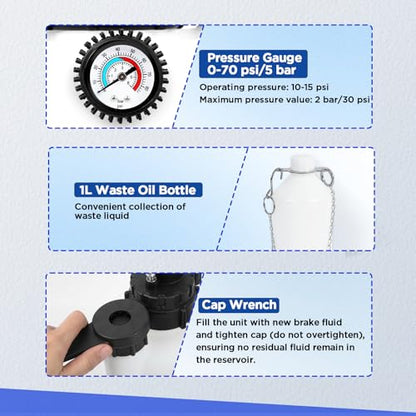 Mrcartool 3L Brake Bleed Kit Manual Brake Bleeder Vacuum Pump Kit with 1L Waste Oil Bottle&5 Master Cylinder Adapters,One Person Pneumatic Brake Fluid Extractor Tool for All Vehicles - size: 3L Manual Device