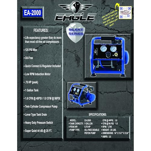 Eagle EA-2000 Silent Series 2000 Portable Air Compressor 125 PSI, MAX PSI, 115 V, Hot Dog with Panel, Blue, 1 Gallon - size: 1 Gallon/EA-2000, style: Hot Dog