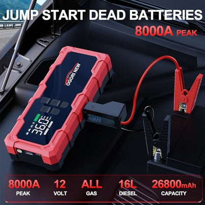 8000A Jump Starter with Air Compressor, 26800mAh 150PSI Portable Car Battery Jump Starter (All Gas/16L Diesel), 12V Supersafe Jump Box Car Battery Booster with Jumper Cables, Lights, Cigarette Lighter - size: L