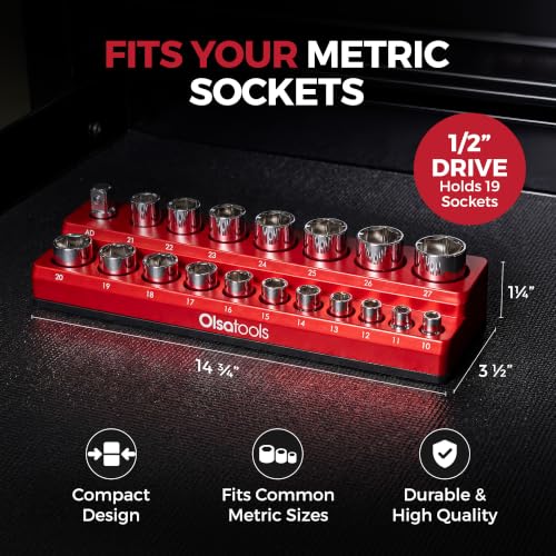 Olsa Tools Magnetic Socket Holder - 1/2-Inch Drive - Metric - Red - Holds 19 Sockets - Professional Quality Organizer - Part: 1299 - color: Red, Metric, size: 1/2-Inch Drive, Metric