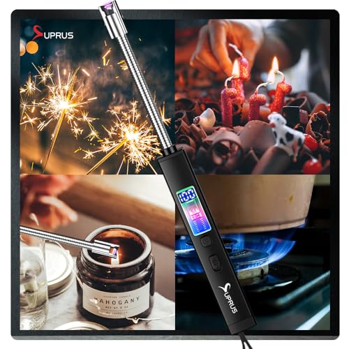 SUPRUS Electric Candle Lighter USB-C Rechargeable with Digital Battery Display Ambient Lighting Safety Switch 360° Flexible Neck Flameless Plasma Windproof Perfect for Candle BBQ Camping (Black) - color: Black