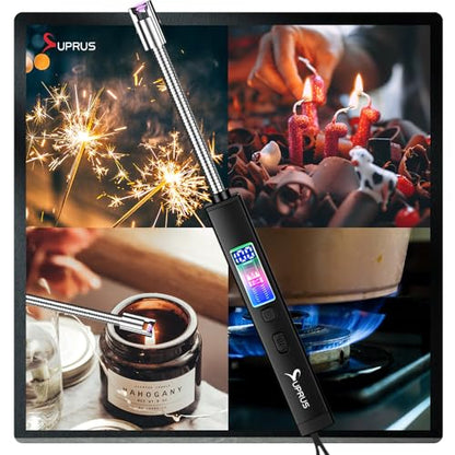 SUPRUS Electric Candle Lighter USB-C Rechargeable with Digital Battery Display Ambient Lighting Safety Switch 360° Flexible Neck Flameless Plasma Windproof Perfect for Candle BBQ Camping (Black) - color: Black