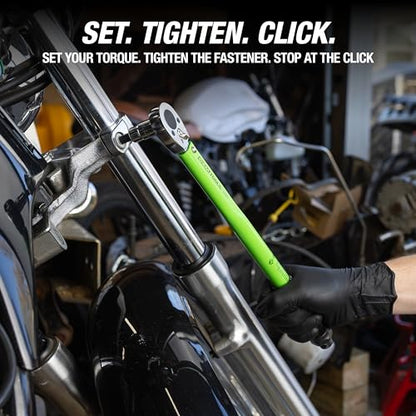 OEMTOOLS 25694 3/8” Drive Click-Style Torque Wrench | Green | 14.5” Long | 10-80 Ft-Lb (13.558-108.47 Nm) | Accurate to +/- 4% | Knurled Handle for a Secure Grip | Clicks at Desired Torque - size: 3/8" Dr. 10-80 Ft/Lbs