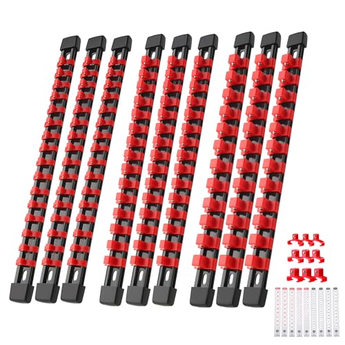 Reniteco 9-Pack Socket Organizer Set, 1/4" x 48 3/8" x 45 1/2" x 36 Clips | 129 Clip Capacity, Havy-Duty ABS Socket Rails, Removable Clips, Drive Socket Storage, Toolbox Drawer or Wall Mount - color: Red, size: 9 Pcs
