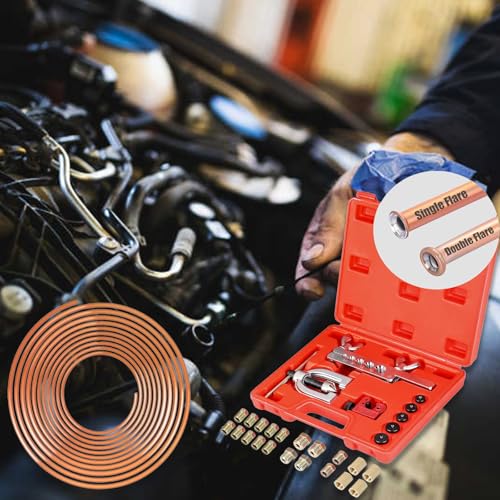 Professional Brake Line Flaring Tool Kit (3/16"-1/2") + 25ft Copper-Coated Steel Line - Double/Single Flare Tool with 16+4 Fittings, Cutter & Case for Automotive/HVAC - size: 3/16-1/2 inch