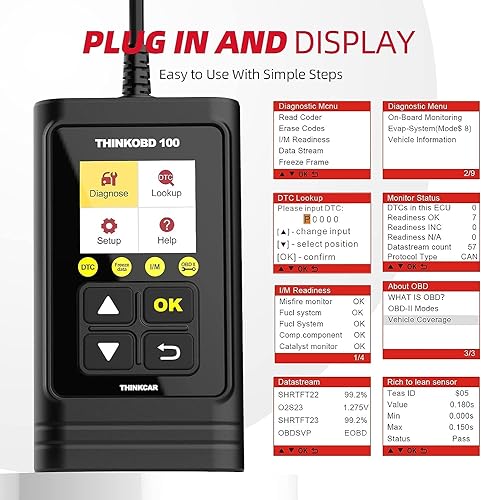 THINKCAR OBD2 Car Scanner, THINKOBD100 Check Engine Fault Code Reader with Full OBD II Functions, O2 Sensor, CAN Diagnostic Scan Tool for All Cars Since 1996 - size: OBD100