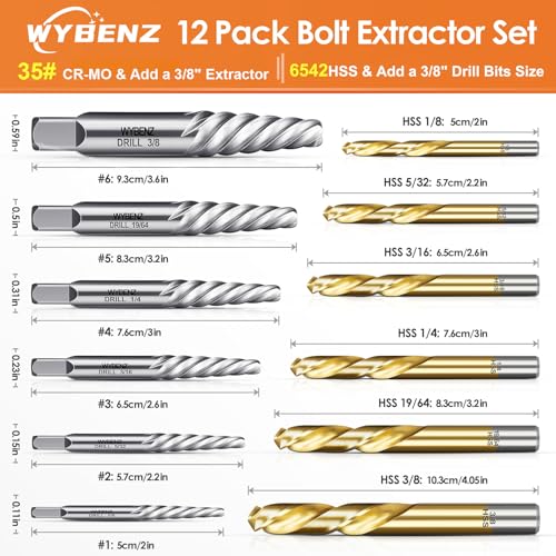 12 Pcs Screw Extractor and Left Hand Drill Bits Set, Easy Out Bolt Extractor Set Spiral Flute Stripped Screw Remover Reverse Cobalt HSS Steel Drill Bit for Remove Broken Tight Screws Bolts Studs - size: 12PCS