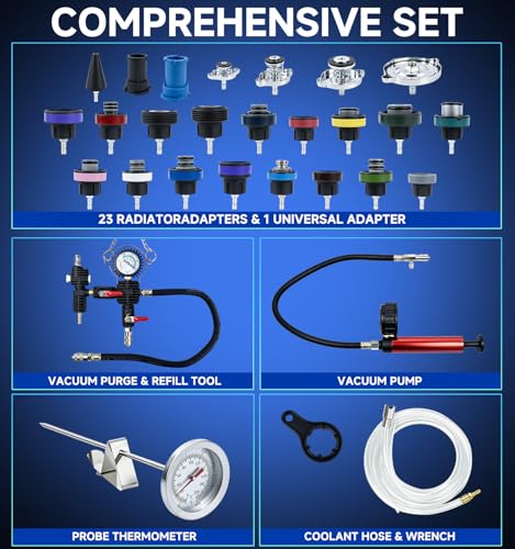 Coolant Pressure Tester Kit, 34pc Master Coolant Vacuum Refill Kit | 23 Radiator Adapters, Radiator Pressure Tester Kit for Automotive Cooling System Water Tank Leakage Detection (Blue)