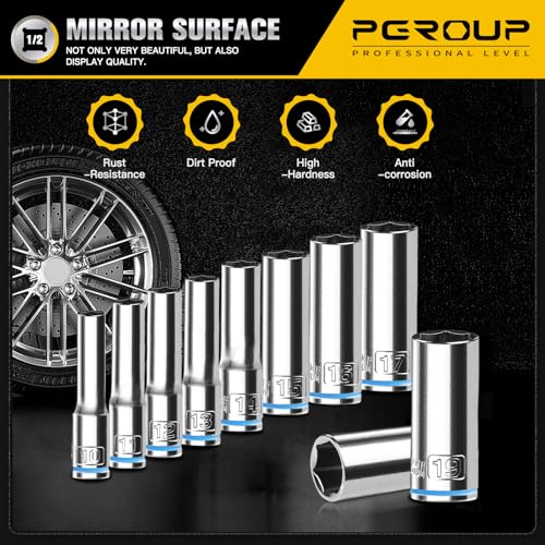 10PCS 1/2” Drive Deep Socket Set, Metric (10mm-19mm), 6-Point, Cr-V Steel, Chrome Plated Socket With Hanging Bracket, Cover Most Commonly Sizes - size: 1/2"Metric (10mm-19mm)