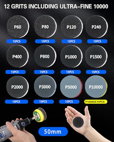 194 PCS 2 Inch Wet Dry Sanding Discs, Drill Polishing Kit with 60 to 10000 Grit Hook and Loop Sandpaper Assortment for Dremel, Headlight Restoration Kit with Buffing Pads for Auto Wood Metal Resin