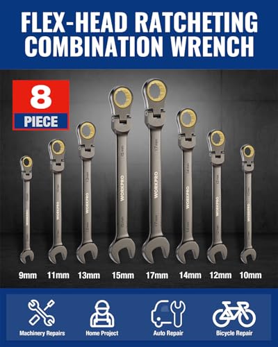 WORKPRO 8-piece Flex-Head Ratcheting Combination Wrench Set, Metric 9-17 mm, 72-Teeth, Cr-V Constructed, Nickel Plating with Organization Bag - size: Metric, style: Nickel Plating