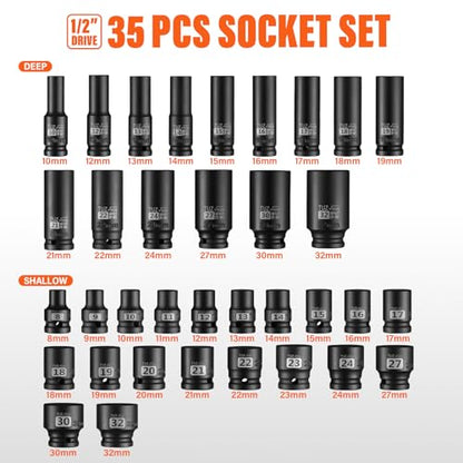 1/2 Drive Impact Socket Set, 35 PCS Metric Shallow (8mm-32mm) & Deep (10-32mm) Sizes, 6 Point, CR-MO Alloy Steel Axle Nut Socket for Auto Repair - size: 1/2" Deep&Standard 35pc