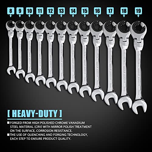 LOSCHEN Metric Open Flex-Head Ratcheting Wrench Combination 12 Pcs/set 8-19mm, Metric Spanner with 72 Teeth, Chrome Vanadium Steel Tubing Ratchet （US and European Patents） - size: 8-19mm