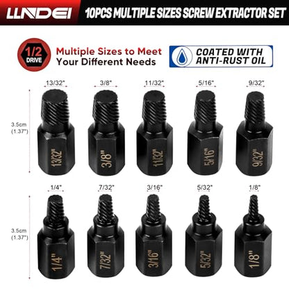 LLNDEI Screw Extractor Set, Hex Head Easy Out Set 10 Pieces, Multi-Spline Ez Out Stripped Extractor (1/8”-13/32”) CR-MO, Stripped Fastener Tool - size: Screw Extractor Set -10pcs