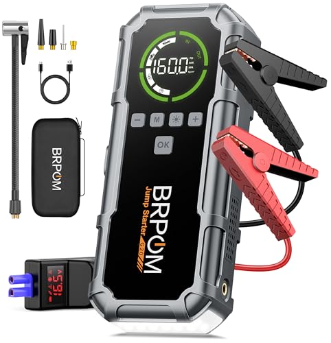 Jump Starter with Air Compressor, BRPOM 8000A Portable Car Jump Starter (All Petrol/12L Diesel), 160PSI 12V Battery Jump Starter Power Pack with Jump Clamps, LCD Screen, 600 Lumens Emergency Light