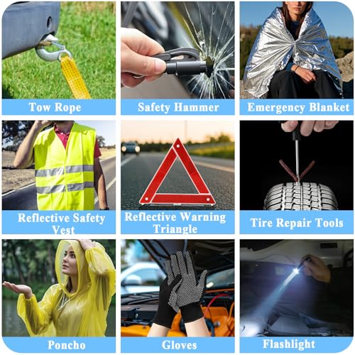 Car Emergency Roadside Kit with Scissor Jack, Air Compressor, Jumper Cables, Car Safety Kit, Air Wedge Bag Pump