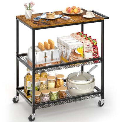 3 Tier Rolling Utility Kitchen Cart on Wheels, Heavy Duty Wire Rolling Cart with Wooden Top, Commercial Metal Serving Cart with Handle, Kitchen Island Food Storage Trolley for Laundry, Office, Garage - color: Wooden-black