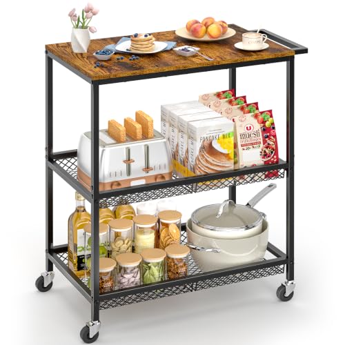 3 Tier Rolling Utility Kitchen Cart on Wheels, Heavy Duty Wire Rolling Cart with Wooden Top, Commercial Metal Serving Cart with Handle, Kitchen Island Food Storage Trolley for Laundry, Office, Garage - color: Wooden-black