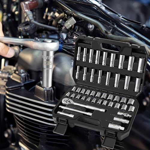 Prostormer Drive Socket Wrench Set, 46-Piece 3/8'' Ratcheting Wrench Set | with 72 Tooth Ratchet, Universal Joint, Extension Bars for Home and Automotive Repair