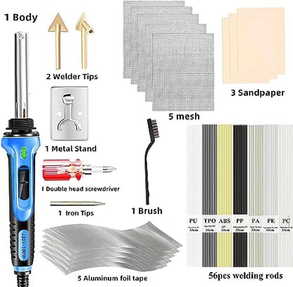 Plastic Welder - 100W Plastic Welding Kit Soldering Iron Gun with 56pcs Rods, Professional Surface Repair Tool for Car Bumper with 4 Welding Tips, Patch Net,Hot Iron Stand,Wire Brush (Blue) - color: Blue Black