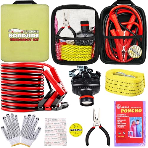 Emergency Roadside Kit for Car With Jumper Cables, Gift for New Drivers | Car Emergency Kit Easy to Carry with Headlamp Tow Rope, Gloves, Pliers, for Breakdowns, Travel for Women and Man Teen Boys - color: Matcha Green