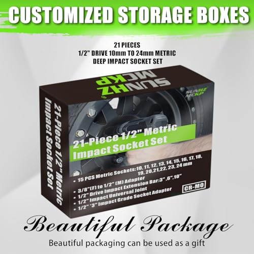 SUNHZMCKP 1/2" Socket Set, 21pcs Drive Deep Impact Socket Set, 6 Point Standard Metric Sockets (10mm - 24mm), Including 3 ", 6", 10" Impact Extension Bar and Drill Socket Adapter, Cr-MO - size: 21-Pc 1/2" Drive Metric Socket Set