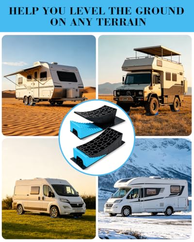 RV Leveling Blocks Kit, Heavy Duty Anti-Slip Mats & Carrying Bag, 2 Pack | Blue & Black. For travel trailer, motorhome, dual axle. HDPE, support 45000 lbs. Levels ½" - 4" in 5 min. - color: Blue & Black