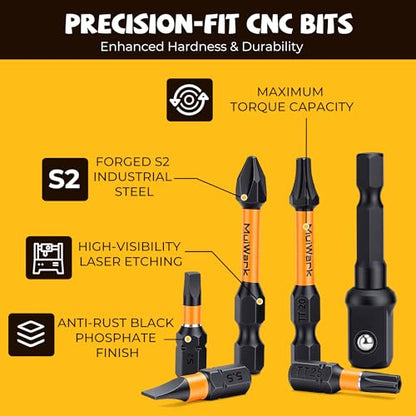 MulWark 43-Piece Impact Screwdriver Bit Set, Impact Rated S2 Steel Drill Bits with Magnetic Color-Coded Torx Bit Set & Magnetizer, Professional Drill Bit Set for Impact Drivers, DIY & Home Repair - style: 43PC screwdriver bit set