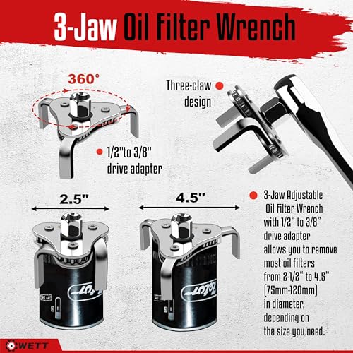 WETT Swivel Oil Filter Wrench Set, 9-Piece Standard Oil Filter Removal Tool, with Adjustable Oil Filter Plier and Valve Lapper, Stainless Steel Remover Pliers (2-3/4" to 5-1/4") - size: 9-Piece Oil Filter Wrench Set