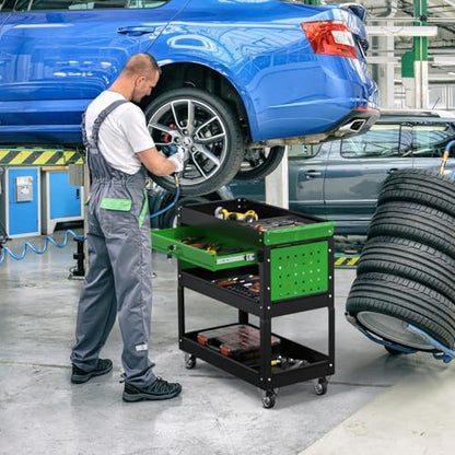 3 Tier Rolling Tool Cart on Wheels, 550 LBS Tool Cart with Drawers，Heavy Duty Utility Cart with Pegboard and Hooks，Mechanic Tool Storage Cart for Garage, Warehouse (Black-Green) - color: Black-green
