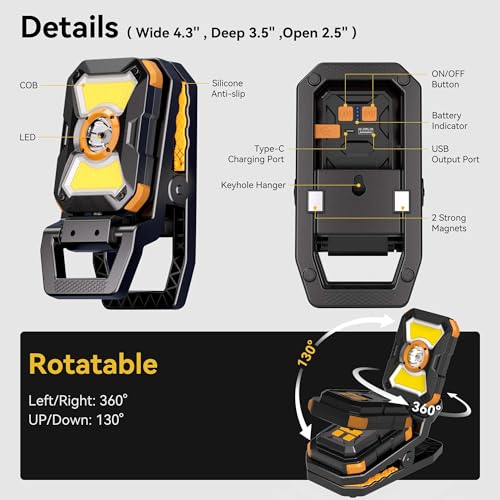 Adelante W3 Rechargeable Clamp Work Light, 2100LM, 360° Rotating Head | 4000mAh battery, 3-10 hours runtime, 2.5 in clamp, dual magnets, IPX4 waterproof, USB-C charge and USB output for workshop