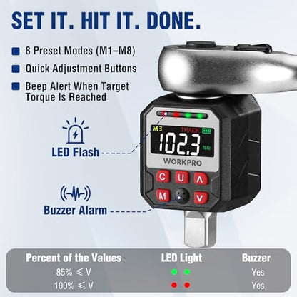 WORKPRO 1/2" Drive Digital Torque Adapter, 7.38-147.5 ft-lb (10-200 Nm), Electronic Torque Wrench Adapter with Buzzer Alert, 1/4" & 3/8" Adapters, Batteries & Case Included