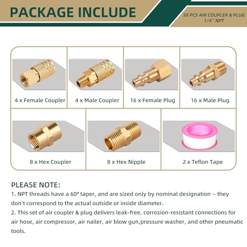 58 Pcs Air Hose Fittings, 1/4" NPT Air Coupler & Plug Kit, Industrial Interchange Quick Connects, Air Tool Fittings for Professional Jobsite, Auto Shop, DIY User - style: 58pcs Air Coupler & Plug