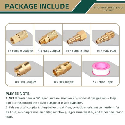 58 Pcs Air Hose Fittings, 1/4" NPT Air Coupler & Plug Kit, Industrial Interchange Quick Connects, Air Tool Fittings for Professional Jobsite, Auto Shop, DIY User - style: 58pcs Air Coupler & Plug