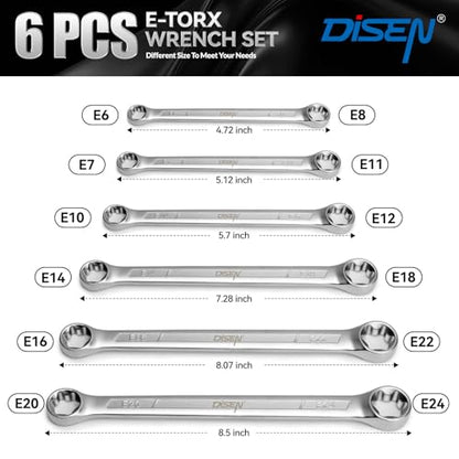 DISEN 6-Piece E-Torx Wrench Set, Double Box End Wrench Set, CR-V Steel, Spanner Set Including E6*E8, E7*E11,E10*E12, E14*E18, E16*E22 and E20*E24 - style: 6PCS