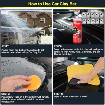 Car Clay Bars Auto Detailing and Clay Synthetic Lubricant Kit with 4 PCS Clay Bars, Clay bar Lubricant Tablets 10 Pack, Spray Bottle and Microfiber Towel for Car Detailing Cleaning