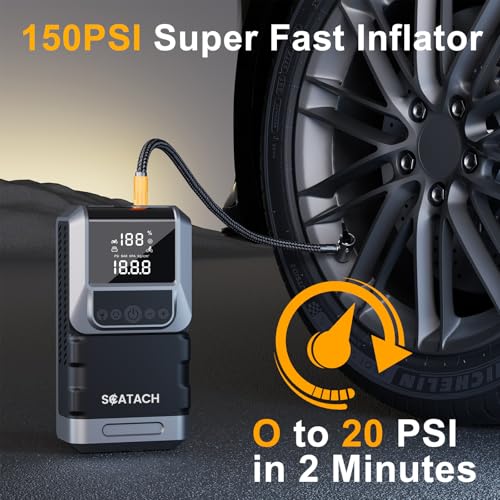 Jump Starter with Air Compressor, 6000A 150PSI Car Battery Jump Starter (10.0 Gas/8.0L Diesel) Battery Jumper Starter Portable 12V Jump Box with Jumper Cables, LED Light, LED Display - color: black