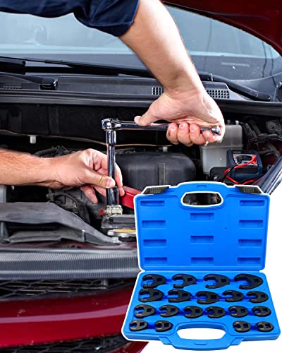 19 PCS 3/8 Inch and 1/2 Inch Crowfoot Flare Nut Wrench Set Metric 8 to 32mm Sizes, Alloy Steel Crows Foot Wrench Set for Drive Ratchet, Metric Tool with Organizer Box
