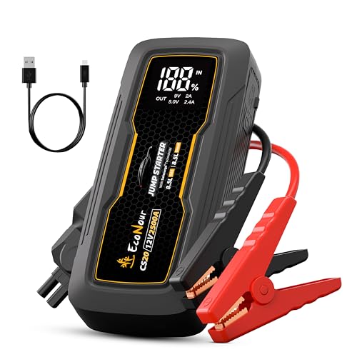 EcoNour 2500A Car Battery Jump Starter 12V Battery Booster Pack Up to 8.5L Gas & 8.5L Diesel Engines – Jump Box with Jumper Cables, USB Charger, LCD Display, LED Flashlight – for Cars, SUVs, Trucks - color: Black, size: 2500A