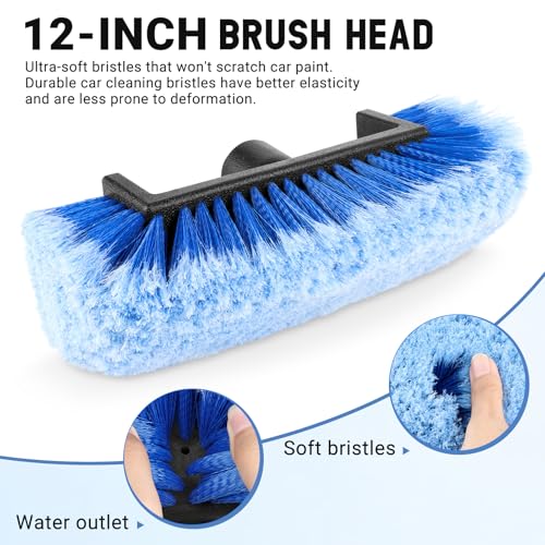12" Car Wash Brush Head with Soft Bristles - Gentle on Paint, Compatible with Poles, Perfect for Cars, Trucks, RVs, Boats, Decks, and More (Blue)
