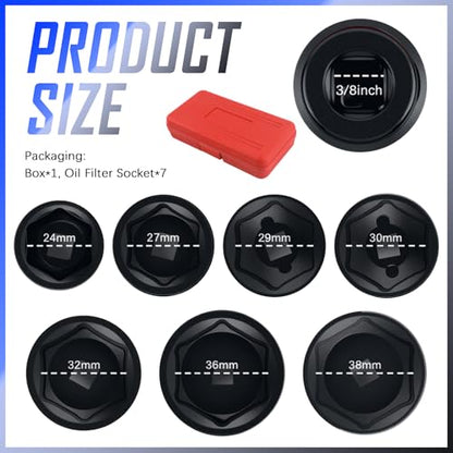 Aokdom 7PCS Car Oil Filter Socket Set with 3/8" Drive Port,24mm 27mm 29mm 30mm 32mm 36mm 38mm Oil Filter Removal Tool Set Compatible with Volkswagen Ford Buick,Cap Socket as Oils Filters Tool