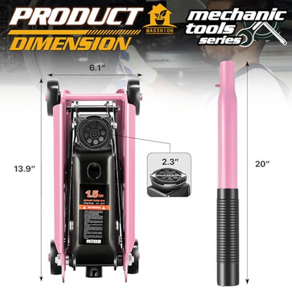 Magshion 1.5 Ton Low Profile Hydraulic Floor Jack, Heavy-Duty Steel Trolley Service Jack with Safety Valve, Swivel Casters, and Wide Saddle for Garage and Vehicle Maintenance, Pink - color: Pink