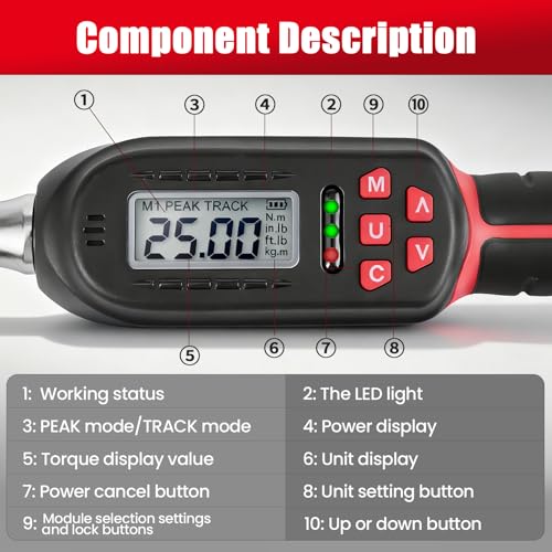 Adjustable Digital Torque Wrench 5-100 ft.lb/6.8-135 N.m, Interchangeable Electronic Torque Wrench with 42 mm Open End and 1/2 inch Ratchet, 2% Accuracy, LED Buzzer Alert, for HVAC - color: Red