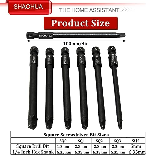 6PCS Square Drive Bits, SQ0/1/2/3/4 Allen Wrench Screwdriver Set, 4 Inch（100mm) Square Impact Driver Bits, 1/4 Hex-Shank Pocket Hole Screw Drill Bit, Magnetic Screwdriver for Appliances Repairs - style: E. Square Screwdriver Bits
