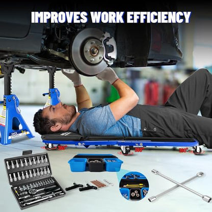 36" Folding Creeper with Tire Kit & Cross Wrench, 330 LBS, 6 Casters | Steel folding creeper converts to seat. Folds flat. 6 casters. Tire kit & 5 boxes. - color: Blue Black with Tire Kit, Wrench & Storage