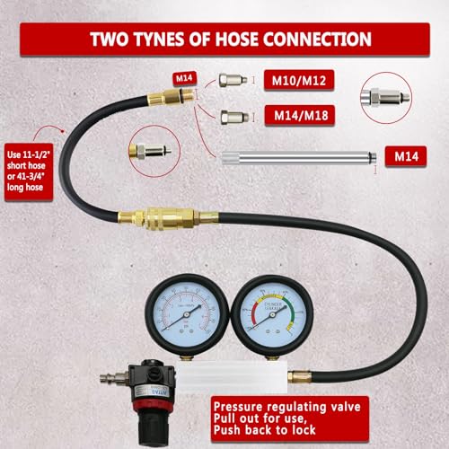 Cylinder Leak Down Tester Kit with Dual Gauges for Gasoline Engines | Checks cylinder leakage, piston rings, valves and head gaskets with dual gauges, adapters and regulated air testing