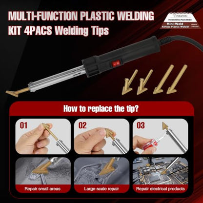 Plastic Welder with Adjustable Temperature 180-360°C, Plastic Welding Kit for Car Bumper, Dashboard, Kayak, Canoe, 8 Types of Plastic Welding Rods, Overheat Protection, RED.